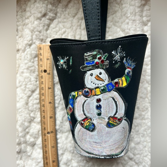 NEW Old Stock Artisan Signed Hand-painted Snowman Winter Bag Purse Black Satin - Picture 6 of 8
